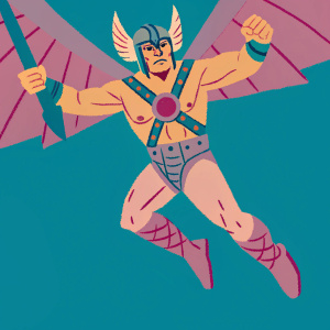 3D rendering of Hawkman, DC Comics hero. Muscular body, viking helmet, large wings. Dynamic pose
