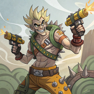 Digital illustration featuring Junkrat from Overwatch. Cartoon style. Muscular build. Menacing expression. Abstract background