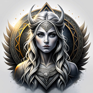 Nordic Godness Snotra - perfect realistic art, high-definition grey and black, white background tattoo design