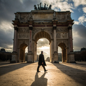 A detailed photo of an elongated shadow walking through a grand archway. The structure is adorned with intricate stonework and sculptures, giving a sense of ancient history.