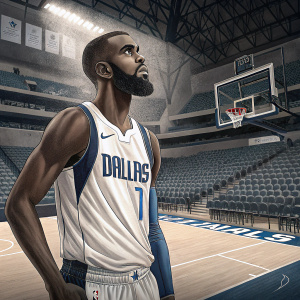 Tim Hardaway Jr., wearing Dallas Mavericks jersey, intense gaze. Basketball court, no audience
