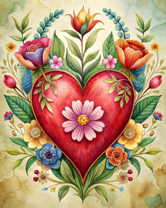vintage boho valentine's card design with heart and flowers