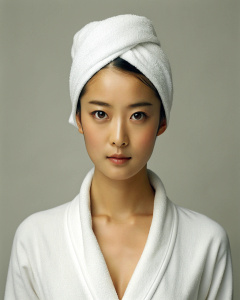 1girl, wearing a white full bathrobe to the navel, Clara Lee Sung-min's perfect body proportions, 20-year-old Korean actress, head towel, top quality, masterpiece, (fidelity: 1.2), 1, brown hair, brown eyes, front , delicate face, beautiful eyes with white eyes, collarbone, looking at the audience, rough waves, beautiful and perfect body, (simple white background: 1.2), (panorama: 1.3), in a white room, beautiful and mature, wide-angle lens , grinning, deep groove, deep shadow, John Rankin Wadde