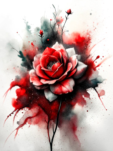 Chinese ink art mixed with red rose paintings, splashes of colored ink, colored stains, black and red tones on the empty space. white background