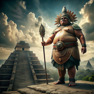 a huge tall morbid obese mayan warrior with a feather war hat, with a shield, standing on Tikal mayan pyramids on the back, dramatic low angle