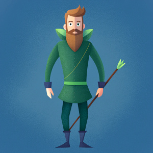 full body 25 year old hunter  with beard similar to Robin Hood using Anna Lang's illustration style