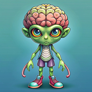 alien with tendril feet and brain head in shonen anime art style
