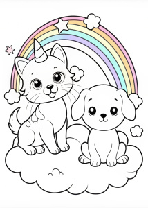 coloring page, unicorn kitten and puppy on rainbow, black outlines, white background