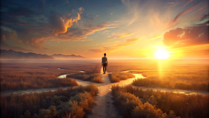 Individual standing at a crossroads contemplating different paths at golden hour: This image should depict a person at a crossroads, symbolizing the moment of awakening and choice, with each path illuminated by the soft, golden light of dawn, suggesting the expanse of life's possibilities.