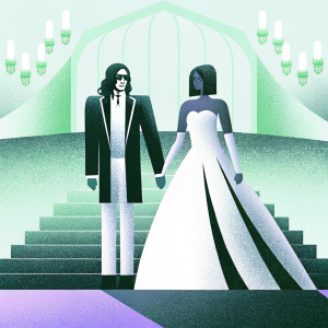 Skrillex and Sirah at the MET Gala. Wearing black and white designer outfits.