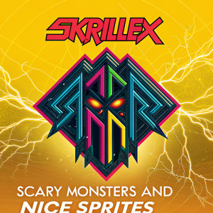 Limited edition album art for Skrillex. Bright yellow background with neon colors and fractal-inspired designs. The title 'Scary Monsters and Nice Sprites' is in bold angular font.