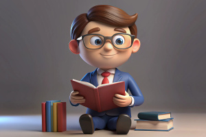 3d cute young businessman reading a book