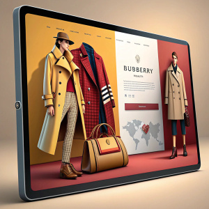 Digital marketing campaign for Burberry. Sleek, modern interface showcasing clothing and accessories. Bright, vibrant color scheme.