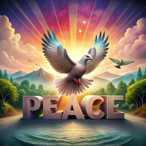 THE WORD PEACE in the middle with a pigeon