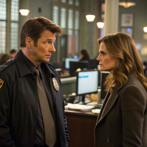 Castle TV show scene. Rick Castle, NYPD detective, Kate Beckett, and Esposito in the precinct. Intense conversation