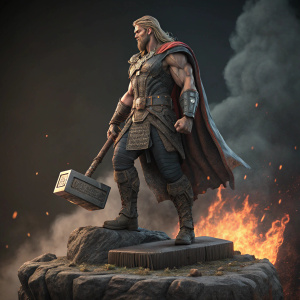 3D render of a Thor statue, standing in a mighty pose. Muscular frame, intense gaze. Wearing a rugged, ancient Norse outfit. Set on a rough, textured pedestal, with flames and smoke around, dark tones of gray and brown.