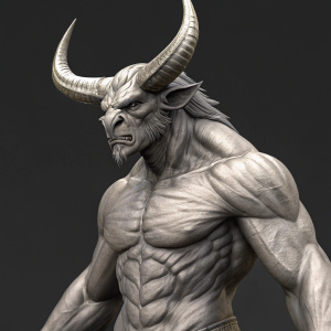 Digital 3D model of a minotaur. Muscular, detailed horns, and realistic anatomy.