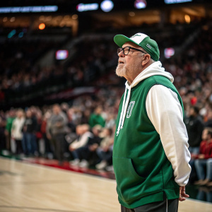 Bruce Arians, wearing a green and white hoodie, standing on a basketball court with a crowd of spectators in the background.
