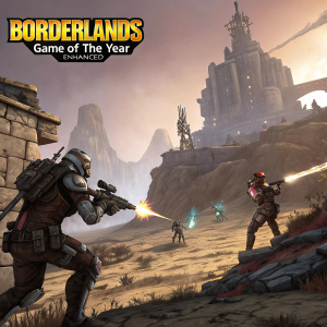 Digital illustration of a futuristic battle scene from Borderlands: Game of the Year Enhanced. Rugged, rocky landscape with a massive fortress-like structure in the background. Game title 'Borderlands' prominently displayed on the top left corner.