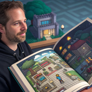 In the heart of Pixelia, a book opens, revealing secrets of game design, lighting, and props. Matt McAid, the creator, is featured in a portrait alongside detailed illustrations of the game's elements.
