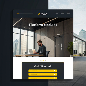 A sleek, contemporary webpage for Knolyx. Predominantly dark theme with accents of yellow. At the top, 'Platform Modules' headline. Below, detailed pricing table with different tiers and features. A prominent 'Get Started' button invites users to engage.