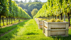 white wine grape, wineyard, small grape crates in the grass, minimal, space for text