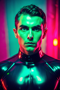 Dave Franco latex, full body, perfect eyes, dark room