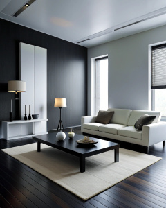 Living room with minimalist furniture and decoration in black and white tones, with a unicolor wall in the background.                  