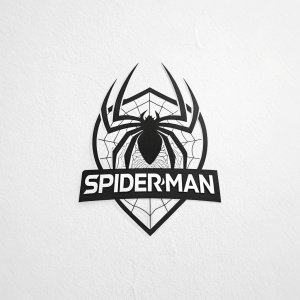 Minimalist Spiderman logo. Silhouette of the spider, bold 'SPIDERMAN' text. Black and white design.