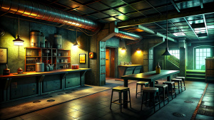 Designer interior design in the bar, dark atmosphere, slightly dirty, nuclear bunker style, no lamps