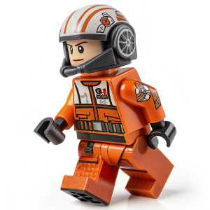 LEGO minifigure based on Poe Dameron from The Force Awakens. Orange pilot suit with emblem details. White background