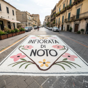 Modern logo design for Infiorata di Noto. Text is bold and legible. Minimalist color palette with white, black and hints of pastel tones. Flat design, no shadows, suitable for digital and print media.
