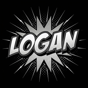 The word 'Logan' in bold, dynamic font, set against a sleek black background, bursting into a dramatic explosion of jagged lines and shadows, rendered in stark grayscale tones.
