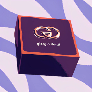 Giorgio Vanti's sleek packaging design. Shiny metallic logo on vibrant red box.