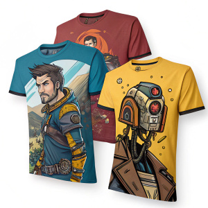 Array of Borderlands 2 inspired t-shirts. Various colors and designs, featuring characters and scenes from the game. Digitally illustrated artwork