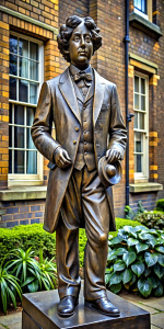 statue of Lewis Carroll with a Victorian photo camera in his hand