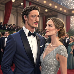 Eric Balfour and Erin Chiamulon attending a gala. Eric in a navy blue tuxedo, Erin in a sparkling silver gown. A sea of guests in the background.