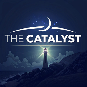The Catalyst logo. Bold white letters glowing against a dark blue background, radiating energy and potential.