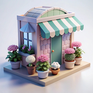 3D Render of a low poly flower shop, on isolated white background.