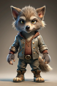 A cute werewolf cub in a jacket. trousers and boots
