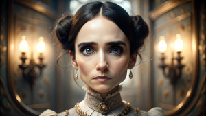 Character portrait of Jennifer Connelly, standing on stage, side profile, caricature, grisaille, chibi, kawaii,3d rendering, octane rendering, volumetric light, victorian fashion, metallic, highly-detailed symmetric face, detailed eyes, ultra sharp, highest quality, art by Anja Millen and George Cruikshank and Bordalo II, smooth, sharp focus, trending on artforum, behance hd, kids story book style, muted colors, watercolor style


