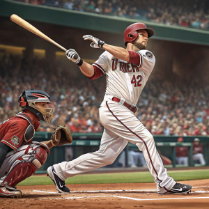 Chris Owings, number 42 of Arizona Diamondbacks, in action at a packed stadium. He's in mid-swing with a focused look, while the catcher is ready to catch the ball. The energy of a live baseball game is palpable.
