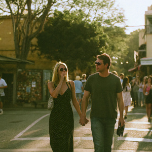 Paris Hilton and Josh Henderson walking down a crowded street, casual attire, sunny day