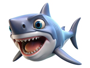 Pixar style cartoon cute scary shark, open wide jaw, eyes closed
