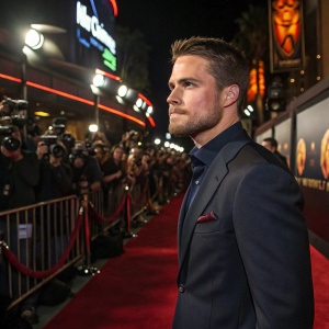 Stephen Amell, portraying Johnny Cage, at a Mortal Kombat movie premiere. Dark suit, intense gaze. Red carpet event with flashing cameras and fans.