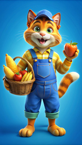 an amimated orange fat cat male wearing in blue overalls and a yellow T-shirts happy holding a big  basket with groceries, sausages, baugette, milk