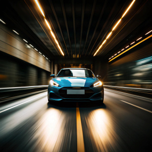 blue car speeding up, epic perspective