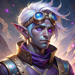 Dark elf, drow, male, artificer, fantasy, goggles, white hair, durk purple skin