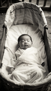 bebe japones recién nacido en cama. plano completo, el bebe se ve a lo lejos, año 1700. foto a blanco y negro antigua. el bebe se ve a lo lejos. ciudad Okinawa antigua