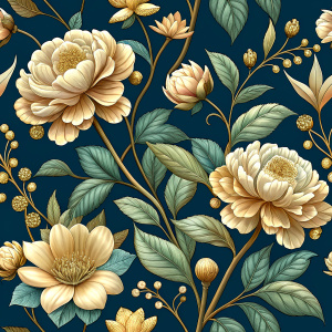 beautiful blooming Treal and Gold flowers, Seamless Pattern